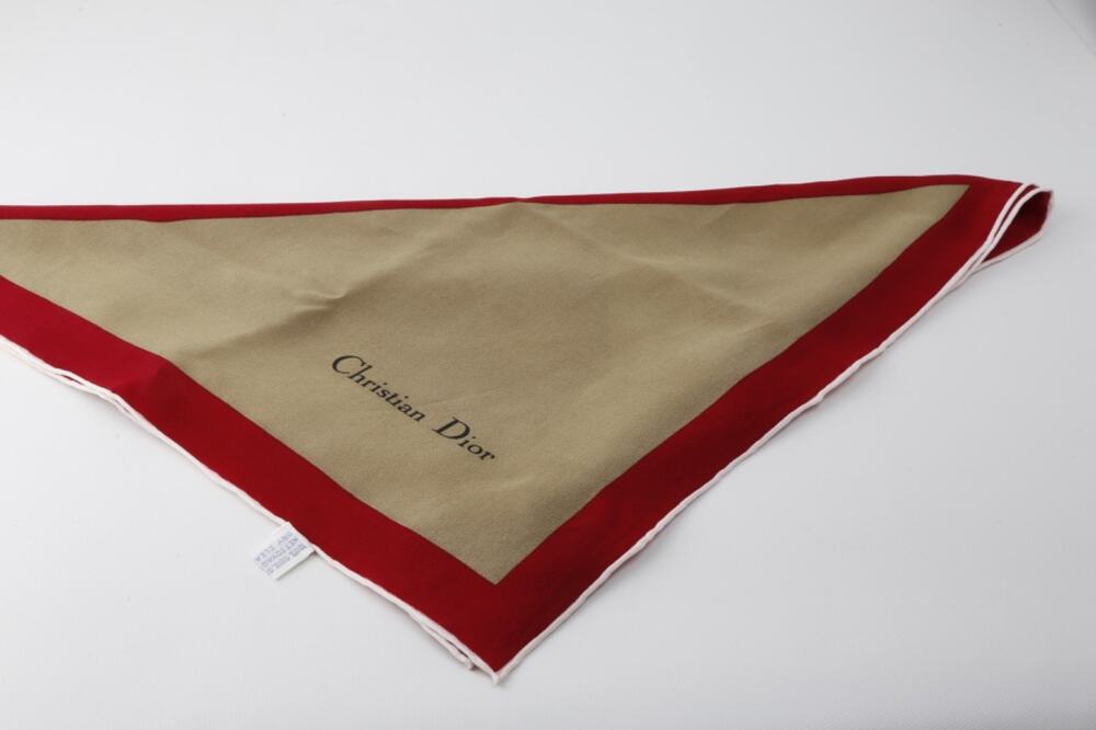 Vintage Christian Dior Silk Square Scarf Beige Tan Red Border White Stripe Logo
